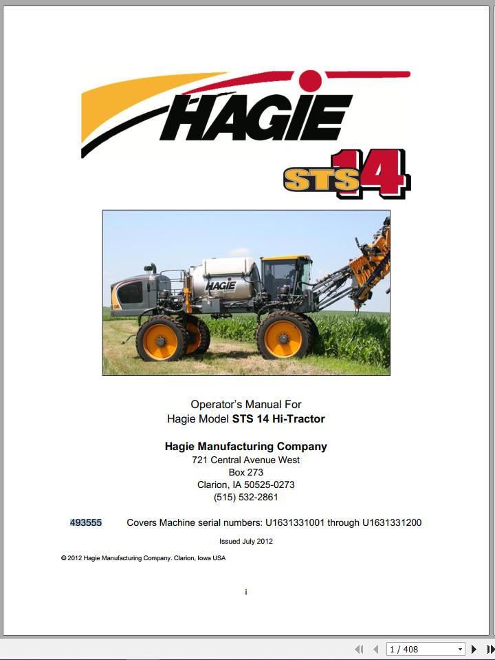 Hagie Hi Tractor STS 14 U1631331001 through U1631331200 Operator Manual 493555 2012 1