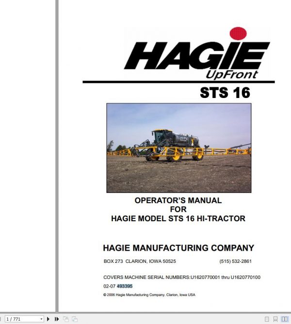 Hagie Hi Tractor STS 16 U1620770001 thru U1620770100 Operator Manual 493395 2006 1