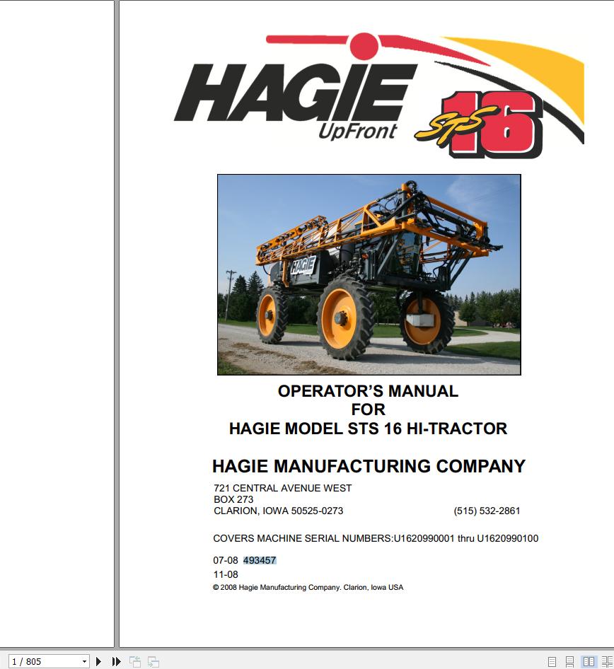Hagie Hi Tractor STS 16 U1620990001 thru U1620990100 Operator Manual 493457 2008 1