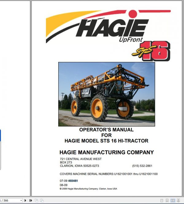 Hagie Hi Tractor STS 16 U1621001001 thru U1621001100 Operator Manual 493481 2009 1