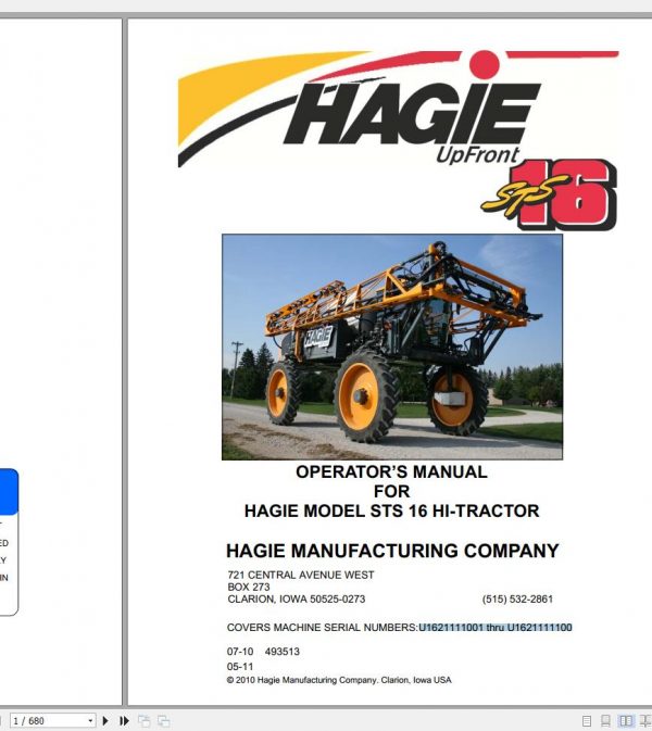 Hagie Hi Tractor STS 16 U1621111001 thru U1621111100 Operator Manual 493513 2010 1