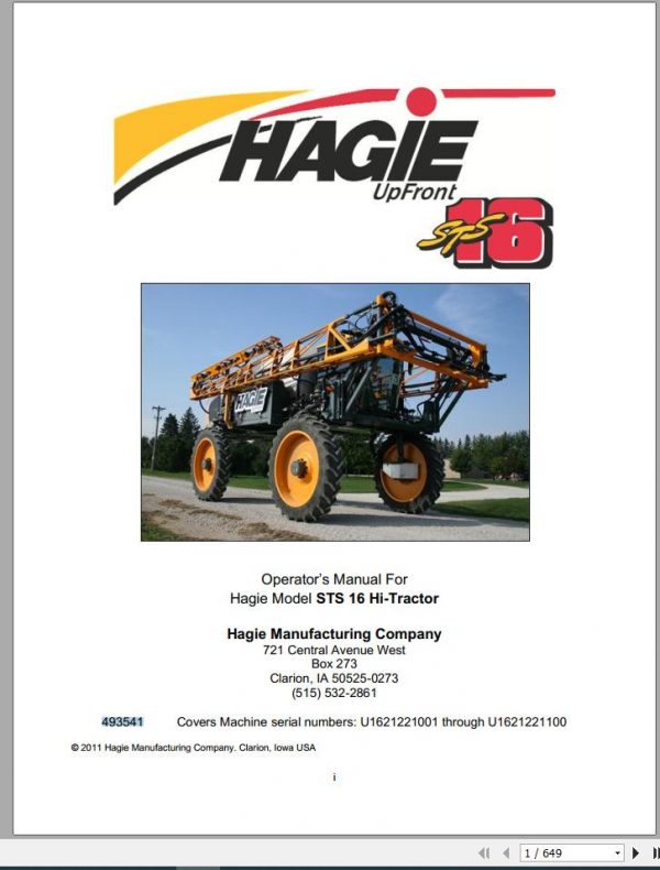 Hagie Hi Tractor STS 16 U1621221001 through U1621221100 Operator Manual 493541 2011 1