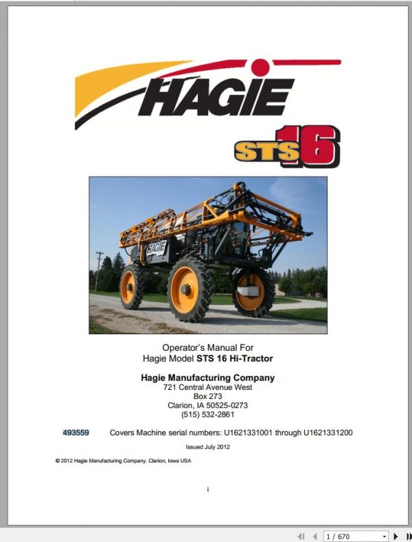Hagie Hi Tractor STS 16 U1621331001 through U1621331200 Operator Manual 493559 2012 1