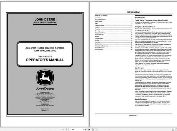John Deere Aecore Tractor Mounted Aerator 1000 1500 2000 Operators Manual OMTCU28130 C2 2012 1