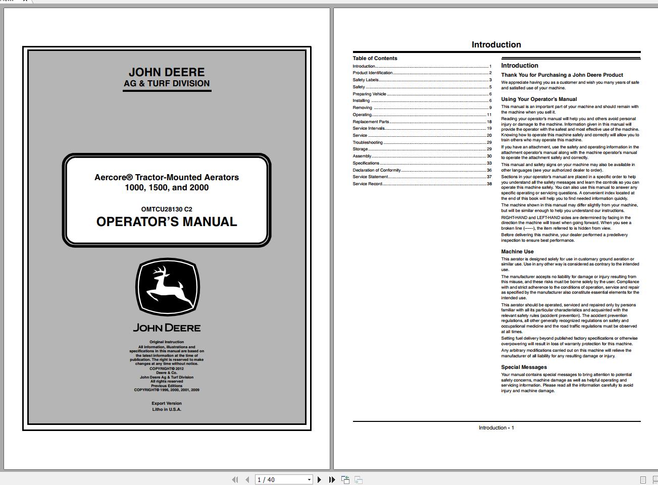 John Deere Aecore Tractor Mounted Aerator 1000 1500 2000 Operators Manual OMTCU28130 C2 2012 1