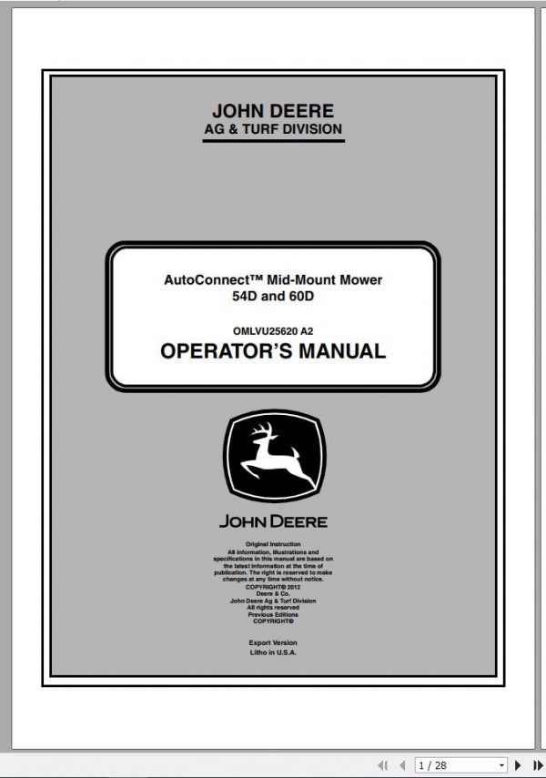John Deere Autoconnect Mid Mount Mower 54D 60D Operators Manual OMLVU25620 A2 2012 1