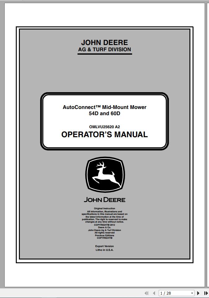 John Deere Autoconnect Mid Mount Mower 54D 60D Operators Manual OMLVU25620 A2 2012 1