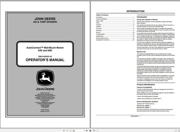 John Deere Autoconnect Mid Mount Mower 54D 60D Operators Manual OMLVU26522 H2 2012 1