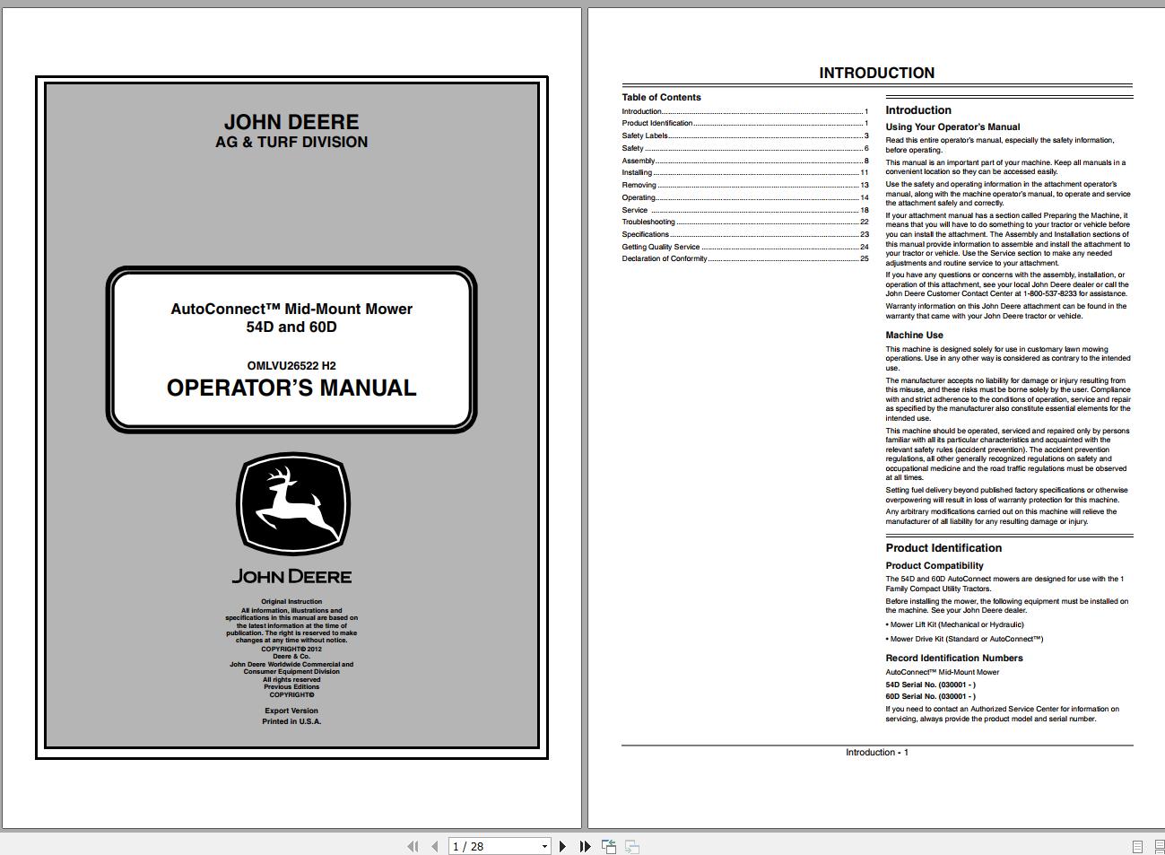 John Deere Autoconnect Mid Mount Mower 54D 60D Operators Manual OMLVU26522 H2 2012 1