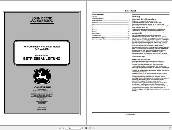 John Deere Autoconnect Mid Mount Mower 54D 60D SN 010001 Operators Manual OMLVU25620G A2 DE