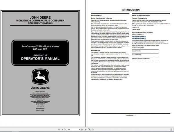 John Deere Autoconnect Mid Mount Mower 60D 72D SN 010001 Operators Manual OMLVU23071 L9 1