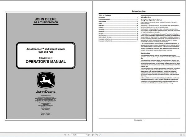 John Deere Autoconnect Mid Mount Mower 60D 72D SN 040001 Operators Manual OMLVU25183 I1 2011 1