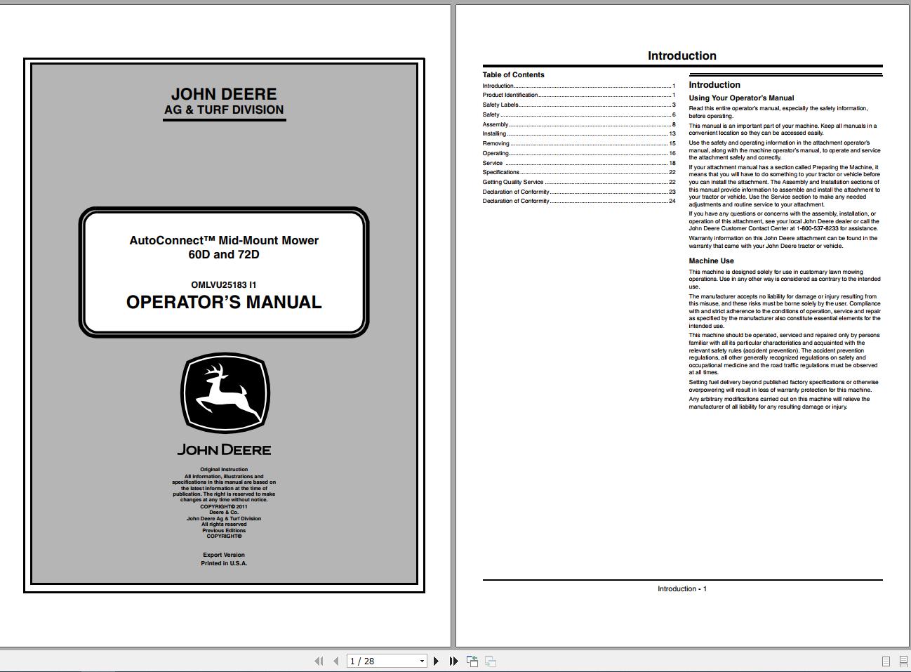 John Deere Autoconnect Mid Mount Mower 60D 72D SN 040001 Operators Manual OMLVU25183 I1 2011 1