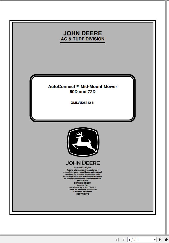 John Deere Autoconnect Mid Mount Mower 60D 72D SN 40001 Operators Manual OMLVU25312 I1 2011 ES 1