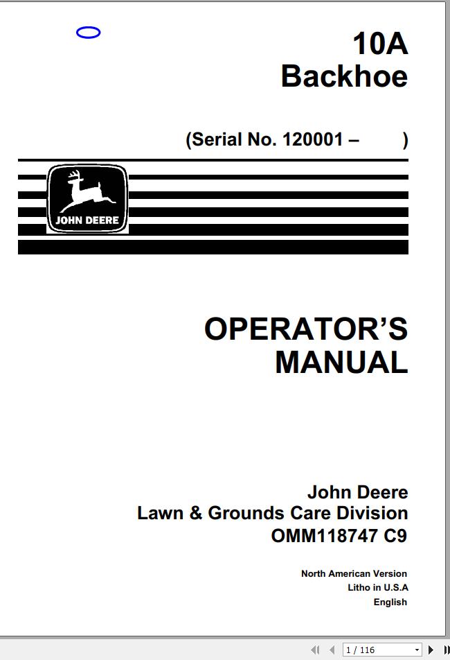 John Deere Backhoe 10A SN 120001 Operators Manual OMM118747 C9 1