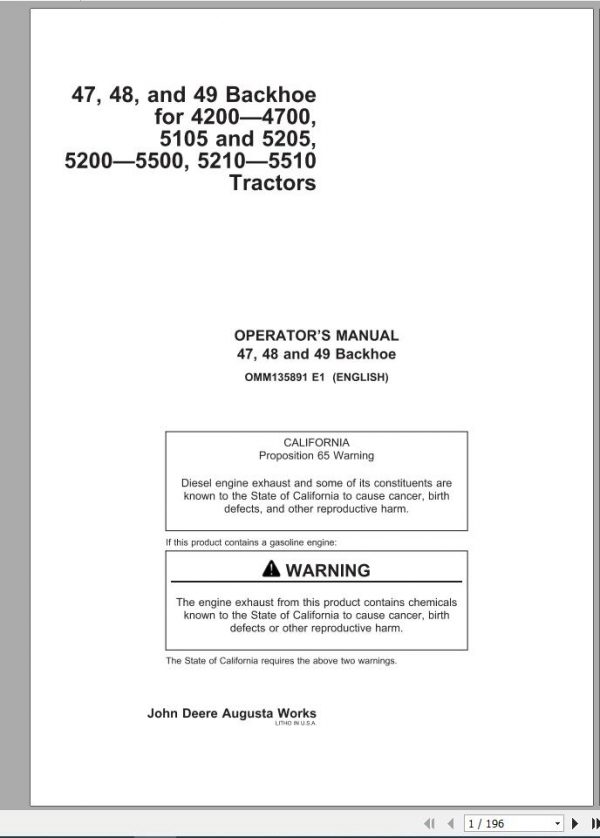 John Deere Backhoe 47 48 49 Operators Manual OMM135891 E1 1