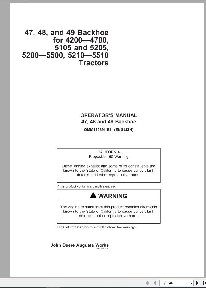 John Deere Backhoe 47 48 49 Operators Manual OMM135891 E1 1