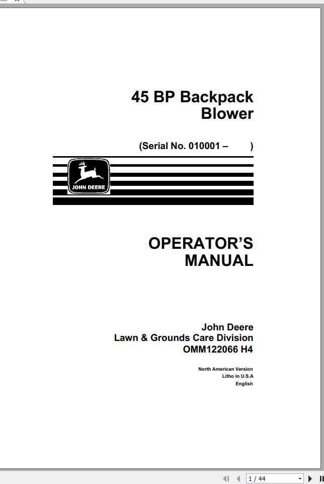 John Deere Backpack Blower 45 BP SN 01001 Operators Manual OMM122066 H4 1