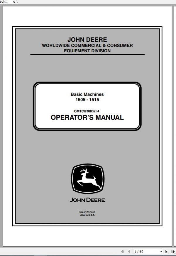 John Deere Basic Machine 1505 1515 PIN 170001 Operators Manual OMTCU38832 I4 2014 1