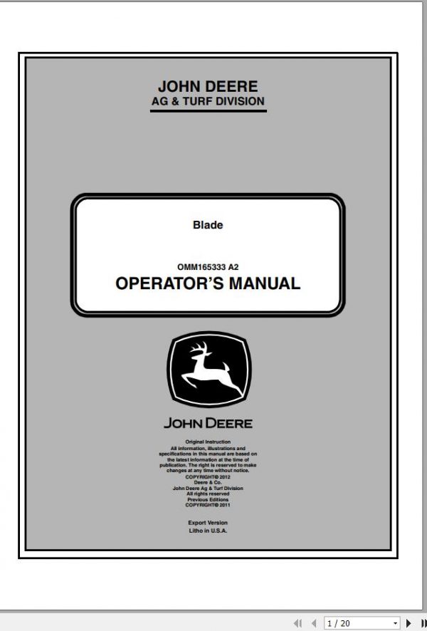 John Deere Blade Operators Manual OMM165333 A2 1