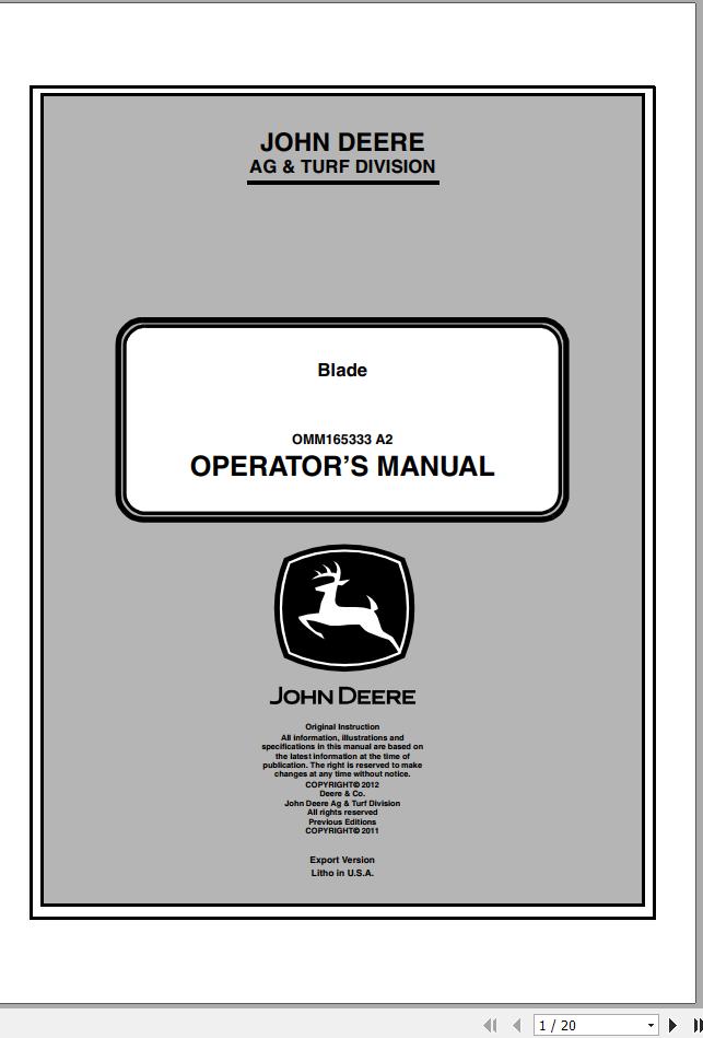 John Deere Blade Operators Manual OMM165333 A2 1