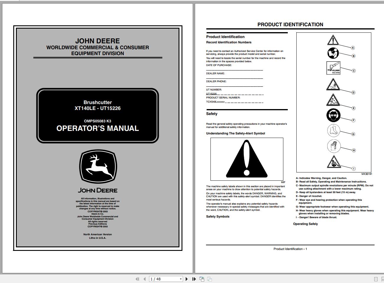 John Deere Brushcutter XT140LE UT15226 Operators Manual OMPS05083 K3 1