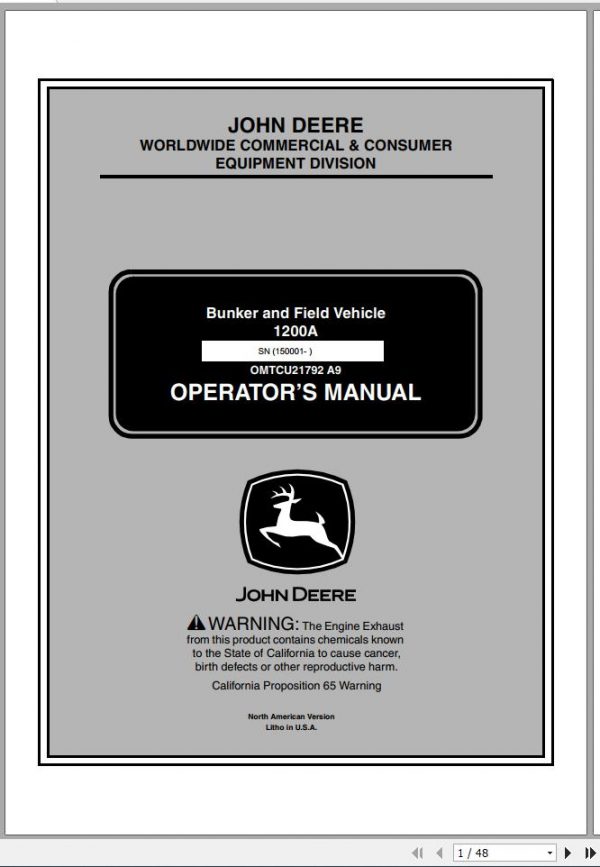 John Deere Bunker Field Vehicle 1200A SN 150001 Operators Manual OMTCU21792 A9 2009 1