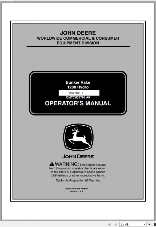 John Deere Bunker Rake 1200 Hydro SN 010001 Operators Manual OMTCU27194 A9 2009 1