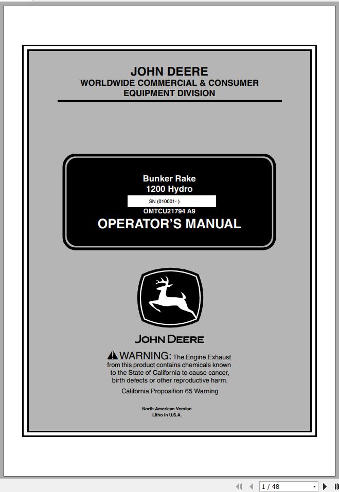 John Deere Bunker Rake 1200 Hydro SN 010001 Operators Manual OMTCU27194 A9 2009 1