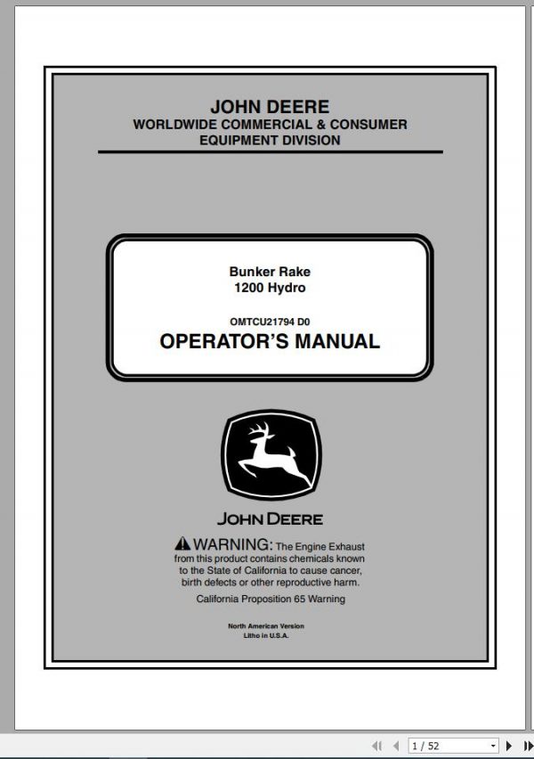 John Deere Bunker Rake 1200 Hydro SN 020001 Operators Manual OMTCU21794 D0 2010 1