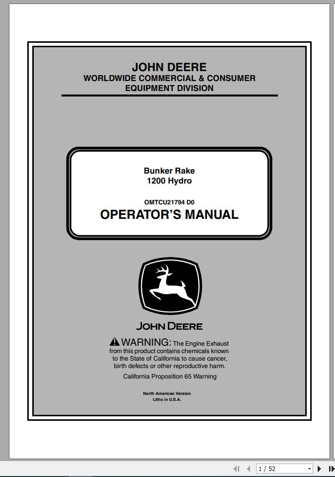 John Deere Bunker Rake 1200 Hydro SN 020001 Operators Manual OMTCU21794 D0 2010 1