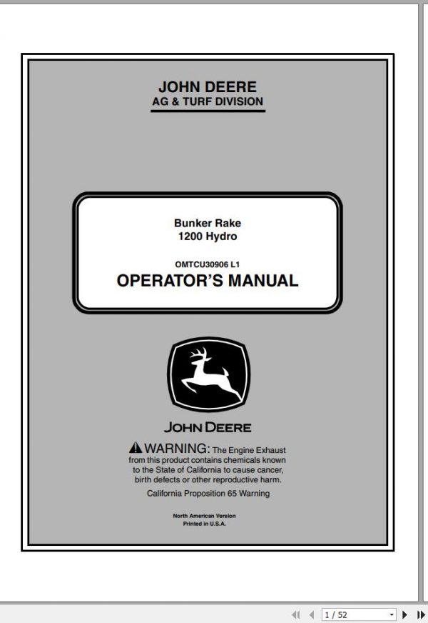 John Deere Bunker Rake 1200 Hydro SN 050001 Operators Manual OMTCU30906 L1 2011 1