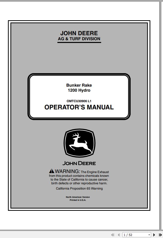 John Deere Bunker Rake 1200 Hydro SN 050001 Operators Manual OMTCU30906 L1 2011 1