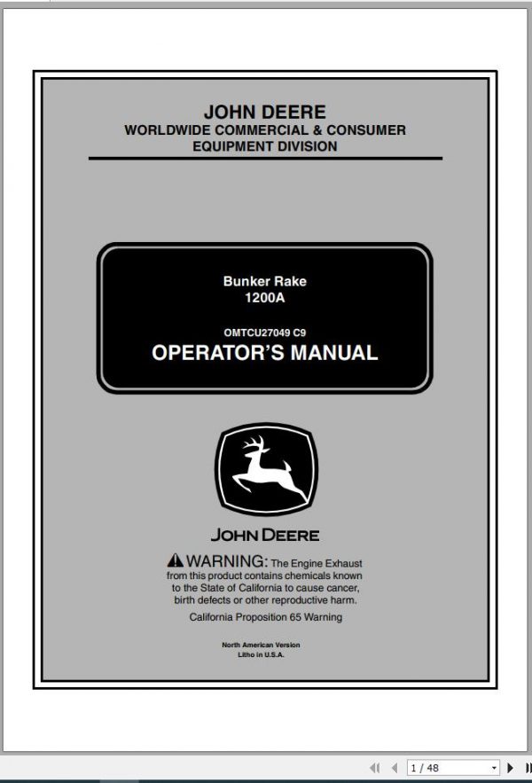 John Deere Bunker Rake 1200A SN 0150001 Operators Manual OMTCU27049 C9 2009 1