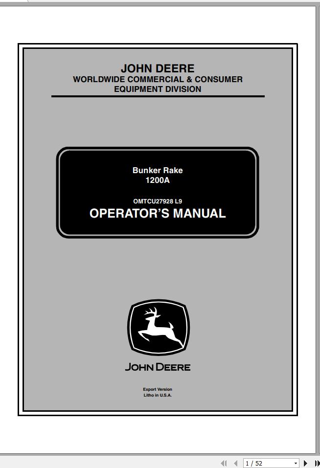 John Deere Bunker Rake 1200A SN 170001 Operators Manual OMTCU27928 L9 2009 1