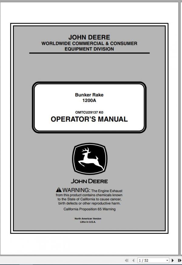 John Deere Bunker Rake 1200A SN 180001 Operators Manual OMTCU29137 K0 2010 1