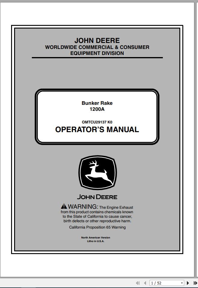 John Deere Bunker Rake 1200A SN 180001 Operators Manual OMTCU29137 K0 2010 1