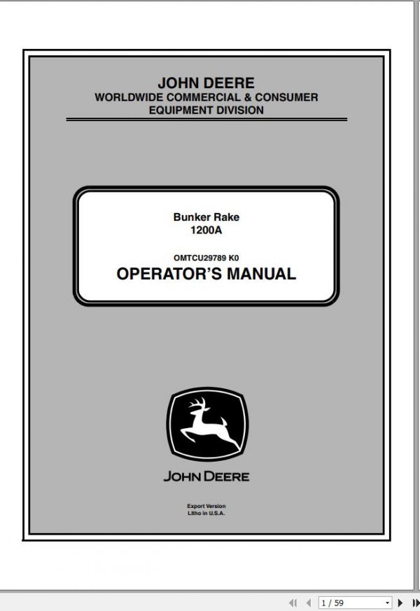 John Deere Bunker Rake 1200A SN 180001 Operators Manual OMTCU29789 K0 2010 1