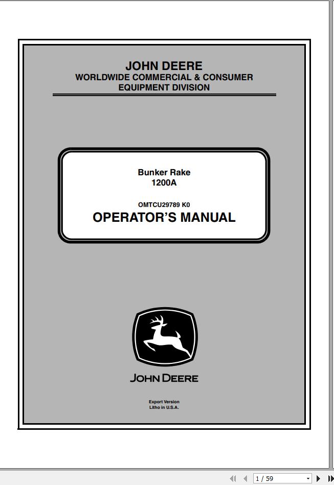 John Deere Bunker Rake 1200A SN 180001 Operators Manual OMTCU29789 K0 2010 1