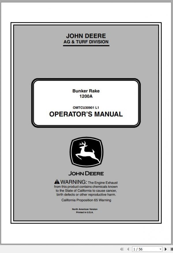 John Deere Bunker Rake 1200A SN 190001 Operators Manual OMTCU30901 L1 2011 1