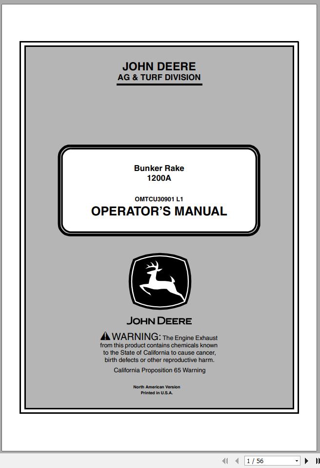 John Deere Bunker Rake 1200A SN 190001 Operators Manual OMTCU30901 L1 2011 1