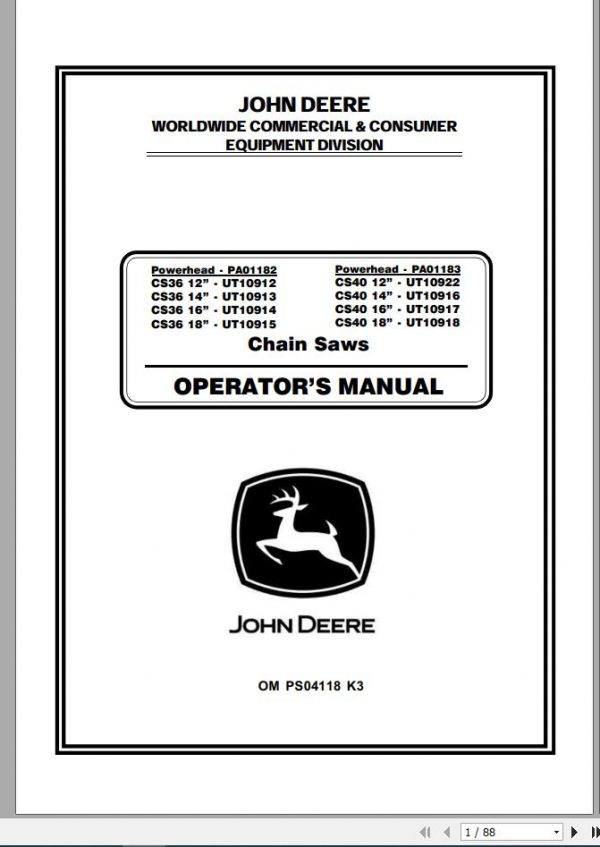 John Deere Chain Saws CS36 CS40 UT10912 UT10922 Operators Manual OMPS04118K3 2000 1