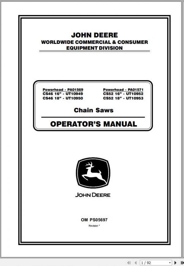 John Deere Chain Saws CS46 CS52 UT10949 UT10953 Operators Manual OMPS05697 2002 1