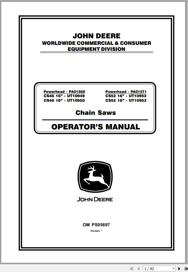 John Deere Chain Saws CS46 CS52 UT10949 UT10953 Operators Manual OMPS05697 2002 1