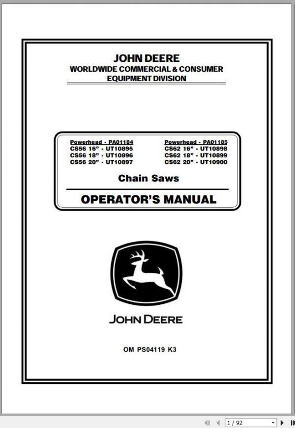 John Deere Chain Saws CS56 CS62 UT10895 UT9000 Operators Manual OMPS04119 K3 2001 1