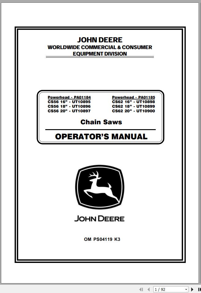 John Deere Chain Saws CS56 CS62 UT10895 UT9000 Operators Manual OMPS04119 K3 2001 1