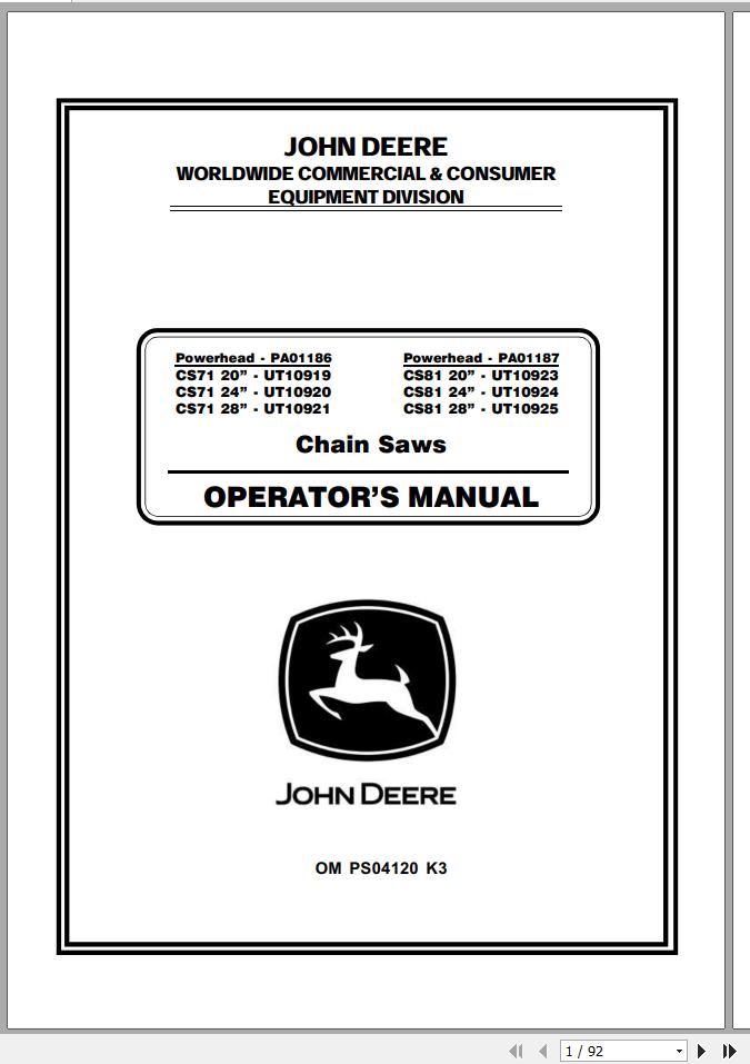 John Deere Chain Saws CS71 CS81 UT10919 UT10925 Operators Manual OMPS04120 K3 2000 1