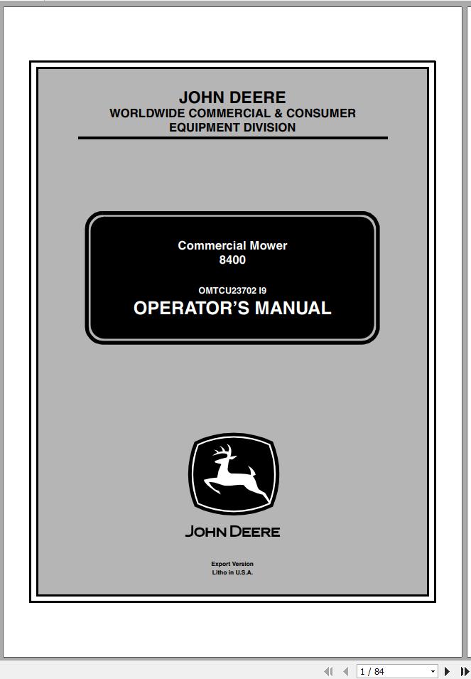 John Deere Commercial Mower 8400 SN 010001 Operators Manual OMTCU23702 I9 1