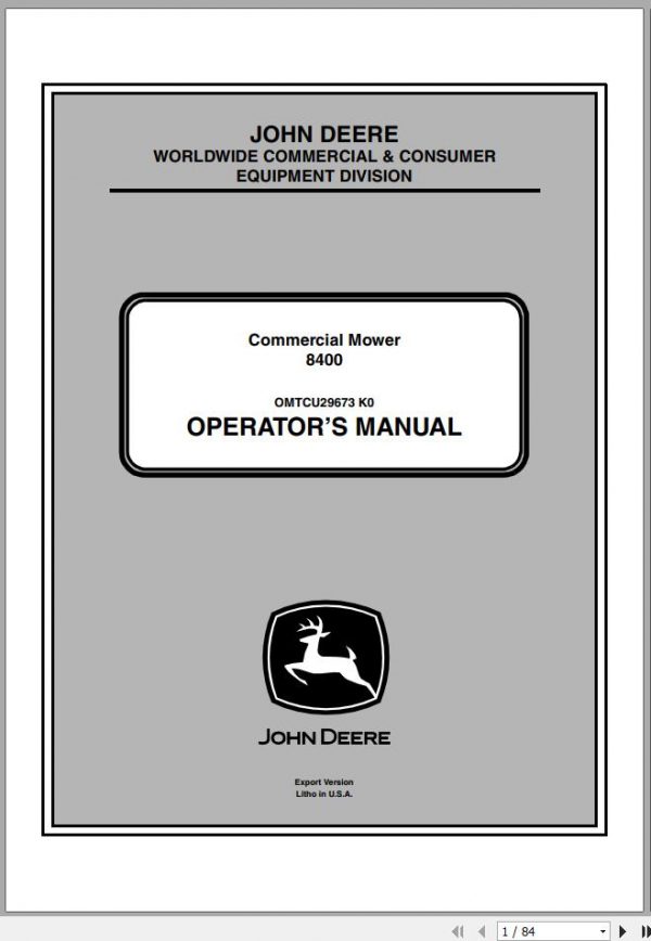 John Deere Commercial Mower 8400 SN 020001 Operators Manual OMTCU29673 K0 2010 1