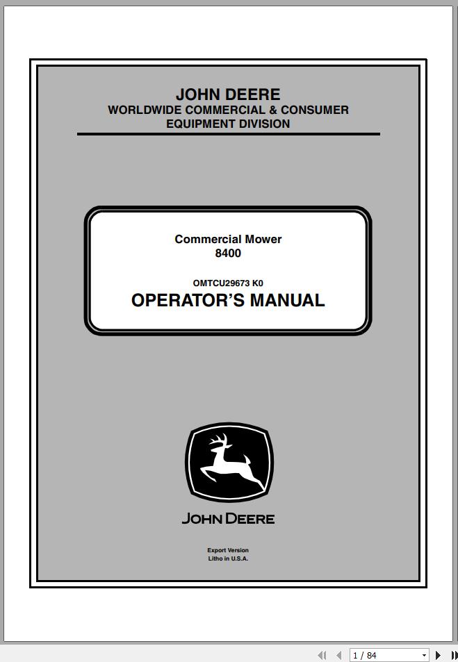 John Deere Commercial Mower 8400 SN 020001 Operators Manual OMTCU29673 K0 2010 1